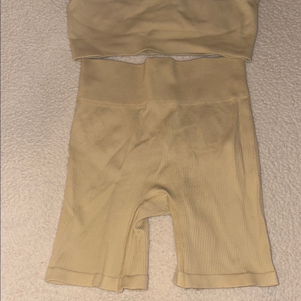 Tan Ribbed Bra Biker Short Set - Picture 3 of 5